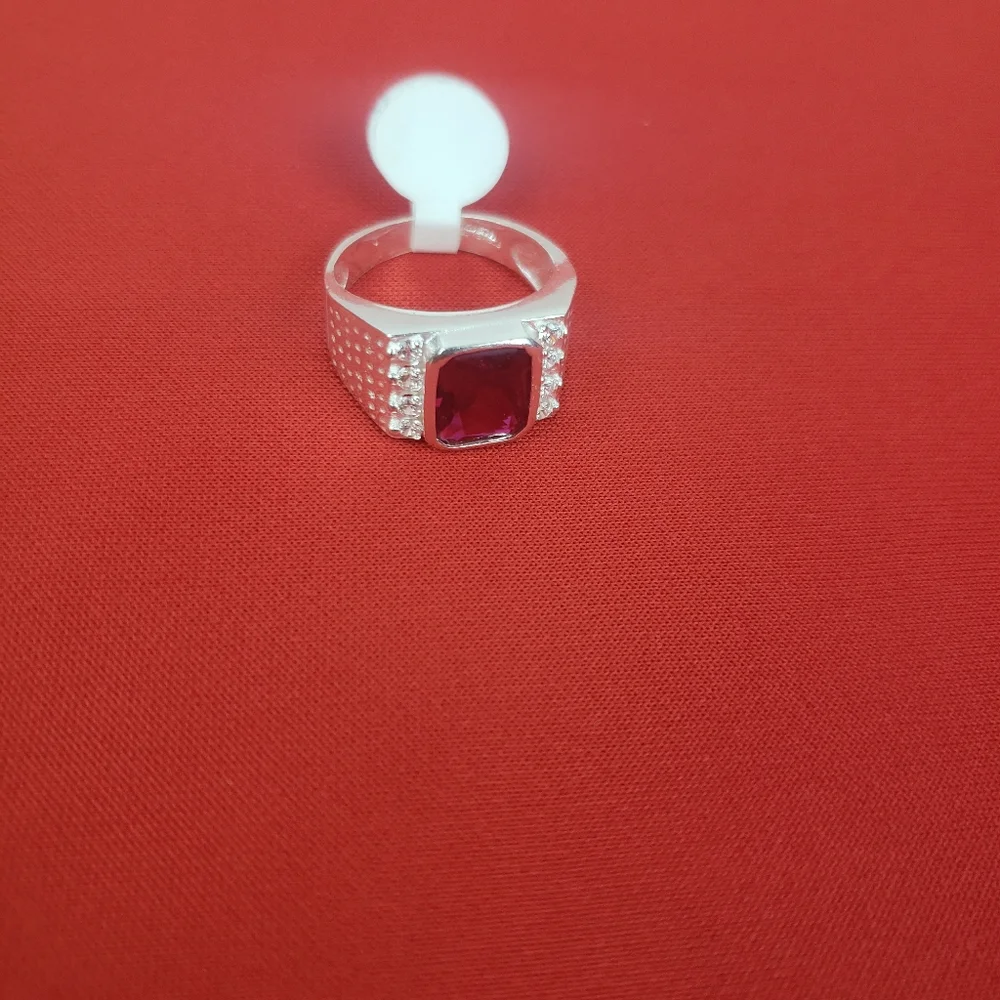 925 sterling‎ silver with Red / White zircon stones mens ring size 8 - Picture 9 of 12